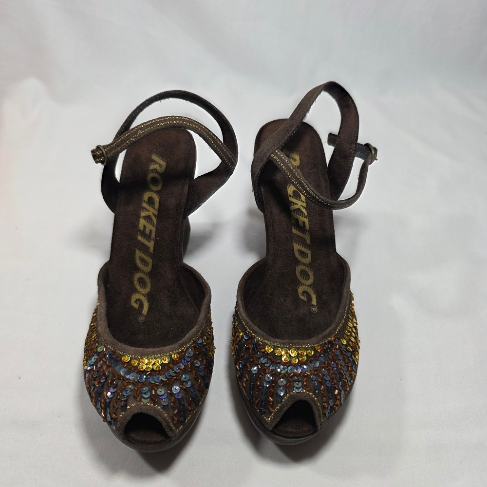 Rocket Dog Glitzy Brown Suede Sequin Peep Toe Wedge Sandals Womens 6.5 M NEW Y2K